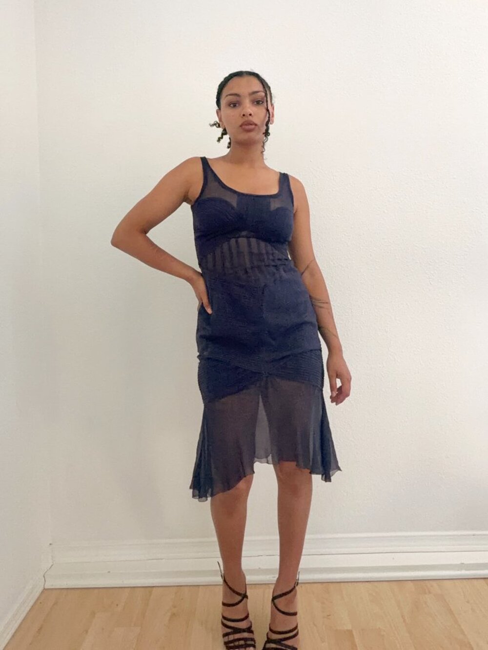 Y2K Leon Max Limited Edition Silk Dress (S) small navy vintage silk mermaid cute